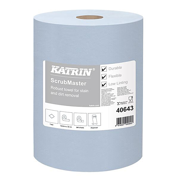 Handtuchrolle KATRIN Scrubmastr 380Cps, 32cmx144m, 1-lagig, blau, Zellulose, Sack a 1Rl