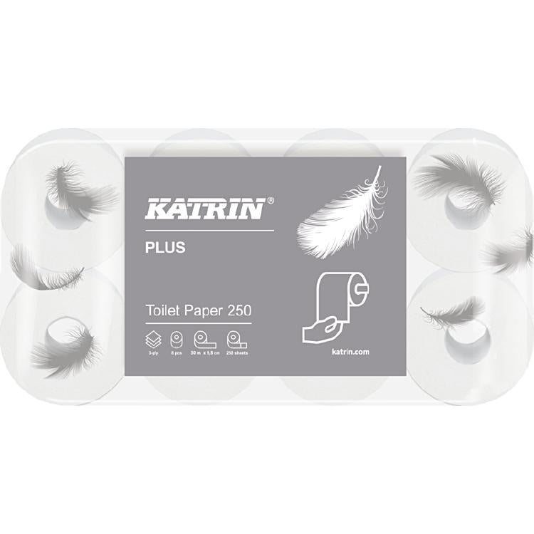 Toilettenpapier KATRIN Plus Pack a 8 Rollen, Zellstoff, weis 3-lagig, 250 Coupons, 9.5x12c